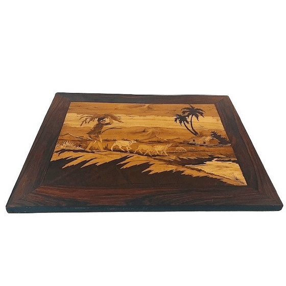 Image 1 of Vintage Native American wood inlay landscape shepherd village life marquetry 45 cm 1940s