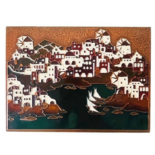 Plaque murale grecque vintage du milieu du siècle, émail cuivre, peinture AETHRA, années 1970