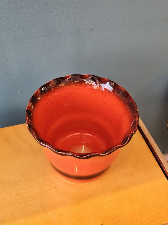 Vintage Orange Brown Ceramic Wavy Flower Pot, Vases (photo 4 of 7)