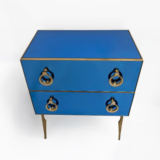 Pair of Blue Mirrored Chests of Drawers with Brass Details, Mid-Century Style – ladekasten, Glass (photo 2 of 7)