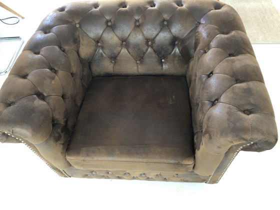 Image 1 of Vintage Chesterfield fauteuil/ loveseat (suede look)