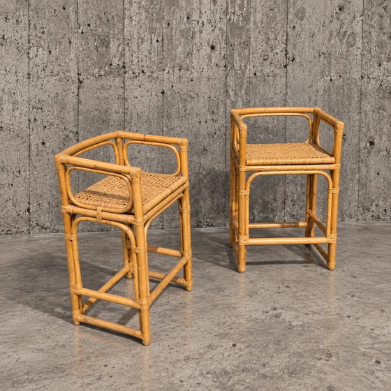 2 x sgabello in rattan / bambù / seduta in vimini / anni '70 – Sgabelli, Wicker, Bamboo (photo 4 of 5)