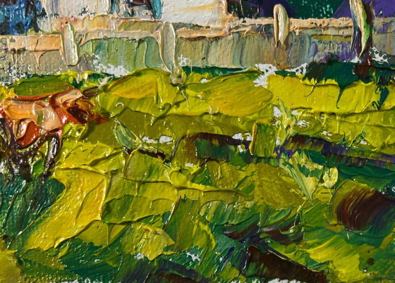 Image 1 of Original Oil Painting Colorful Village Landscape First morning of spring