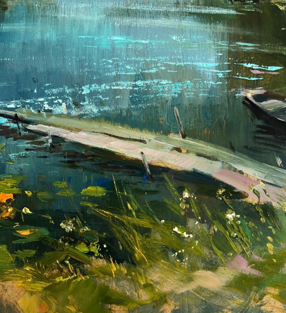 Image 1 of Original Oil Painting Summer Coastal Landscape A lonely boat by the river