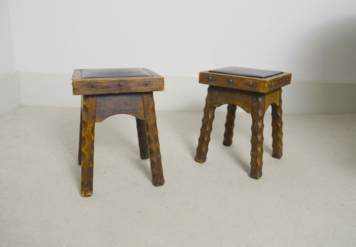 Rustic Oak Stools, 1940s French Hand-Carved Farmhouse Milking Stools, Fireplace Chalet Mountain Decor with Studded Leather Seats