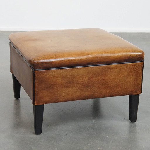 Square Sheepskin Leather Hocker With Black Piping