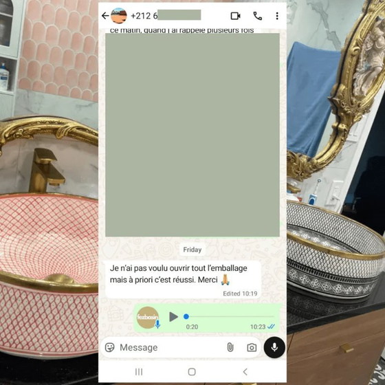 Image 1 of Lavandino marocchino con motivo floreale blu e bordo in ottone - lavabo da appoggio per bagno