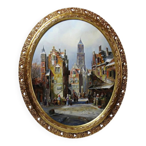 Groot schilderij stadsgezicht olieverf op hout ingelijst John Haanstra vintage