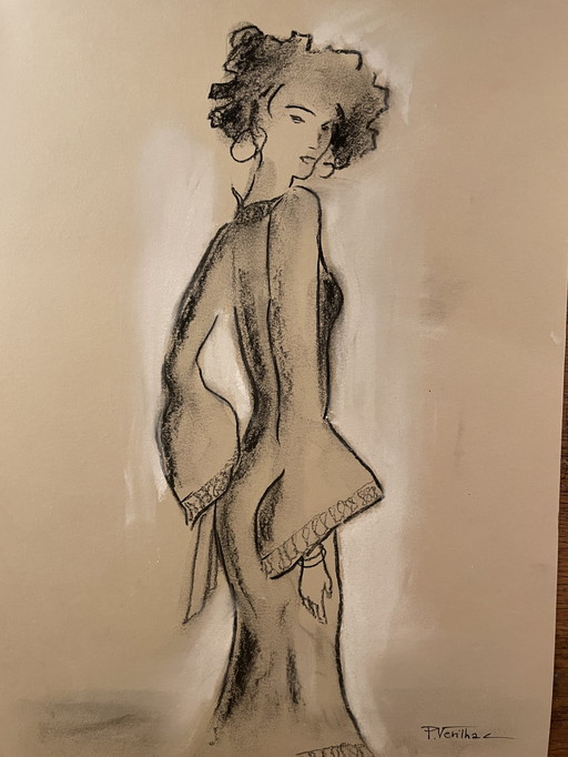 Paintings Signed Charcoal White Pastel Female Portrait "Fashion