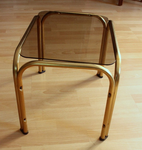 Small brass side table with smoked glass top, Space Age, Metal, Gold, Vintage (photo 5 of 9)