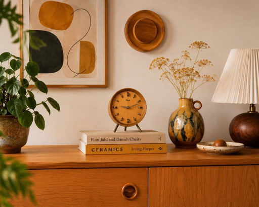 Mid Century Clock by Kienzle / Teak & Brass / Tripod Desk, Table or Shelf Clock / Germany, 1960's