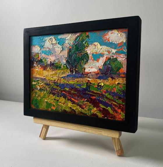Image 1 of Original Oil Painting Summer Field Landscape The beginning of the harvest in the garden