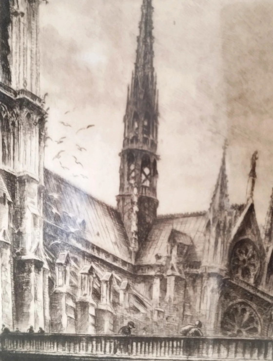Eau-forte Originale d'Aimé Edmond Dallemagne, Intitulée Notre-Dame de Paris et le Pont au Double (photo 4 of 13)