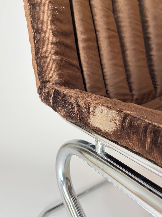 Image 1 of 1/2 sedie da pranzo vintage in metallo con cuscini in velluto marrone, Italia, 1970