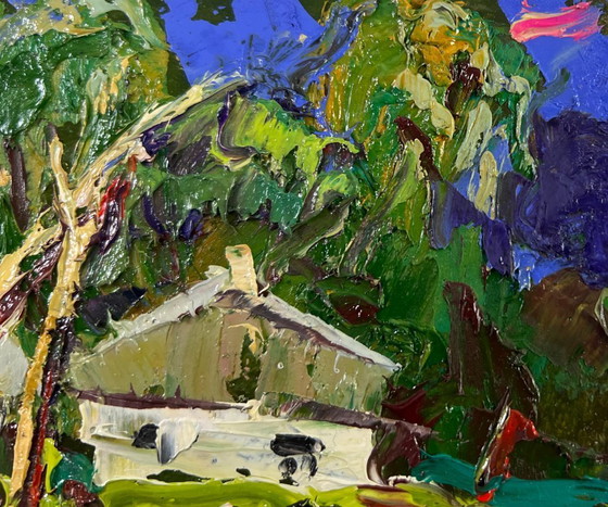 Image 1 of Original Oil Painting Summer Village Landscape Conversation in the embrace of silence
