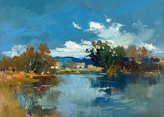 Image 1 of Peinture à l'huile originale représentant un paysage de rivière en été, reflet de la nature