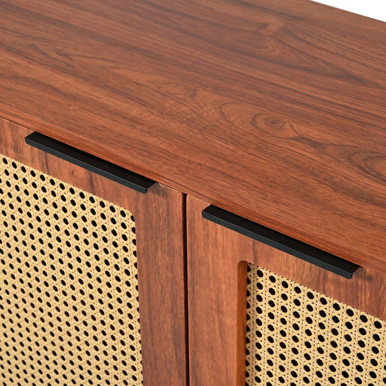 Image 1 of Urban Meuble vintage dressoir van rotan in walnoot houtlook met 2 deuren en 3 lades met zwarte handgrepen 120*38*78cm CRI