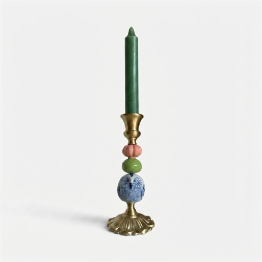 Handmade Vintage Candle Holder. Delft blue figurine. Ceramic beads.