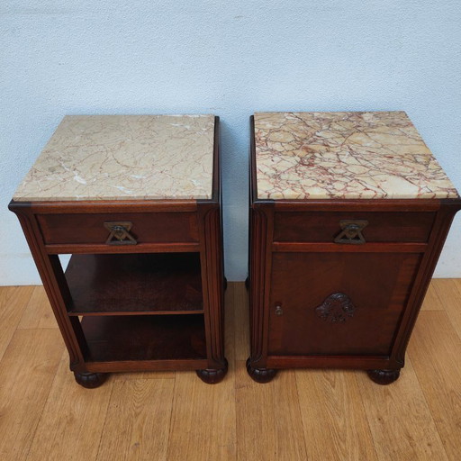 Set Vintage Art Deco nachtkastjes bijzetkastjes met marmer blad