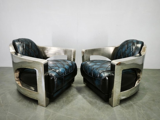 Pair of Timothy Oulton Aviator Leather and Steel Armchairs 1990s (photo 12 of 12)