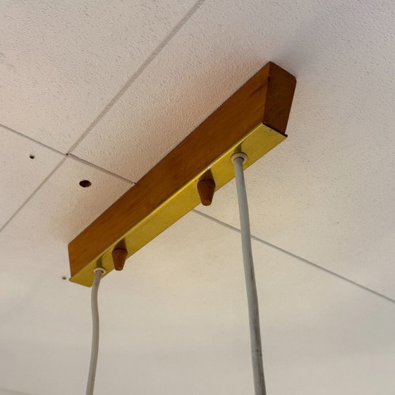 Image 1 of Vintage plafondlamp met twee amberkleurige kappen