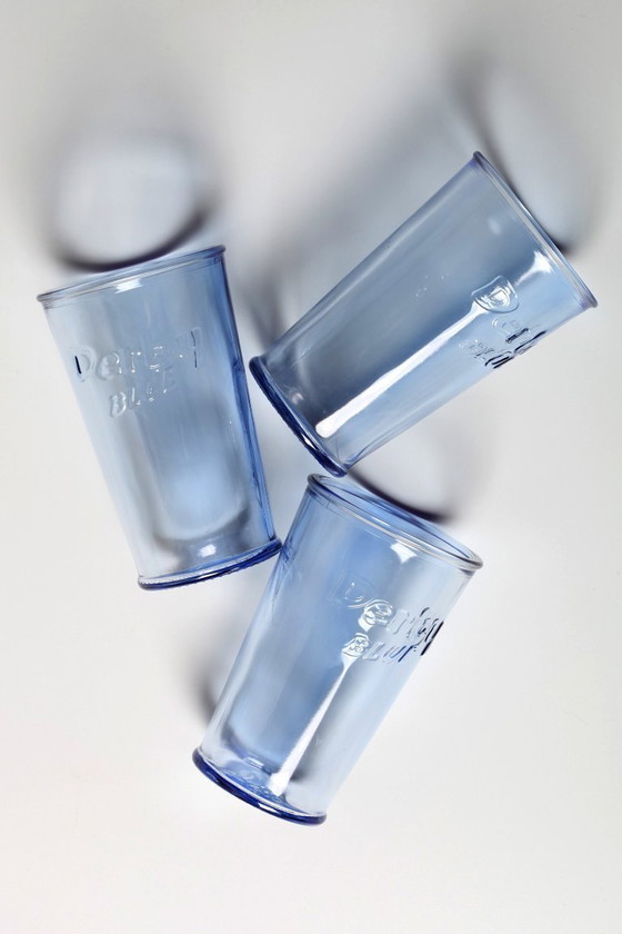 Image 1 of Set van 3 vintage Derby Blue glazen in lichtblauwe kleur / Rastal / Italië / 2001