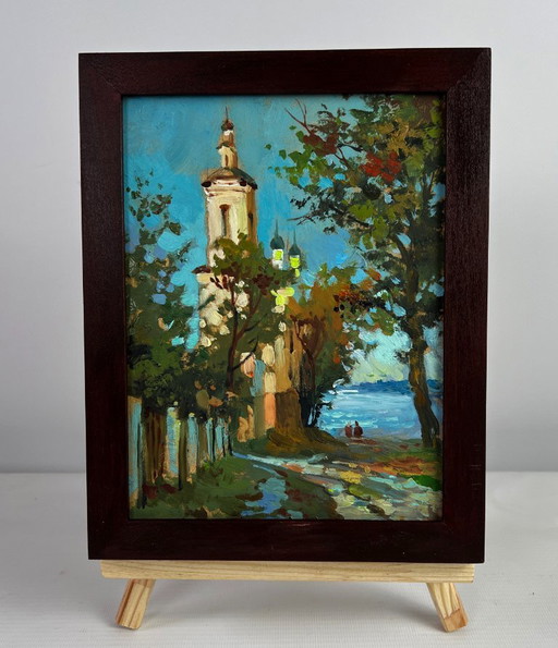 Original Oil Painting Summer Church Landscape Towers of the monastery