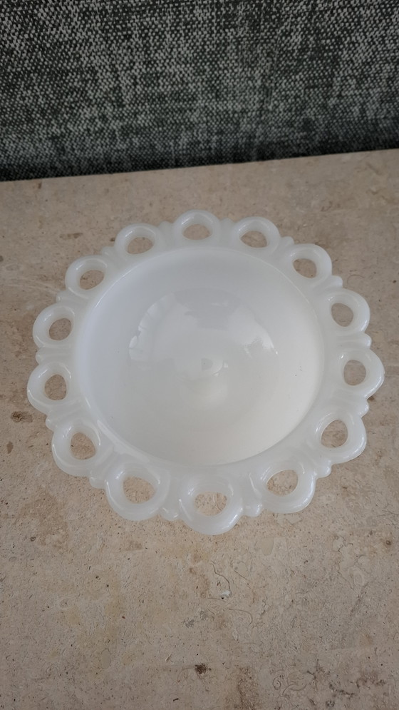 Image 1 of Vintage Milk Glass Bowl on Foot - Openwork Rim - Fenton/Westmoreland Style
