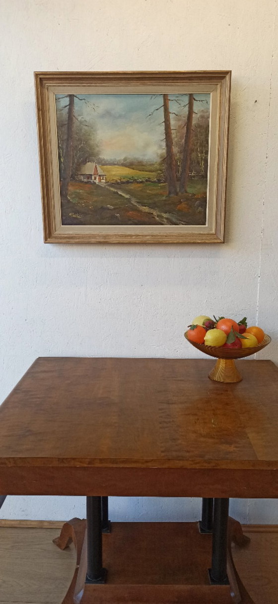 Image 1 of Painting "Cottage on the Edge of the Forest." Oil on canvas. Signed.