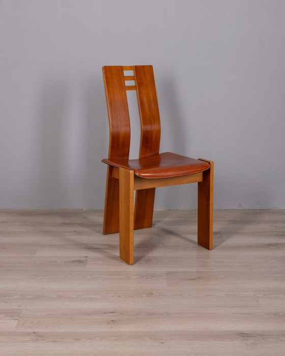 Image 1 of Ensemble de 4 chaises vintage des années 1950 en bois et cuir, design italien