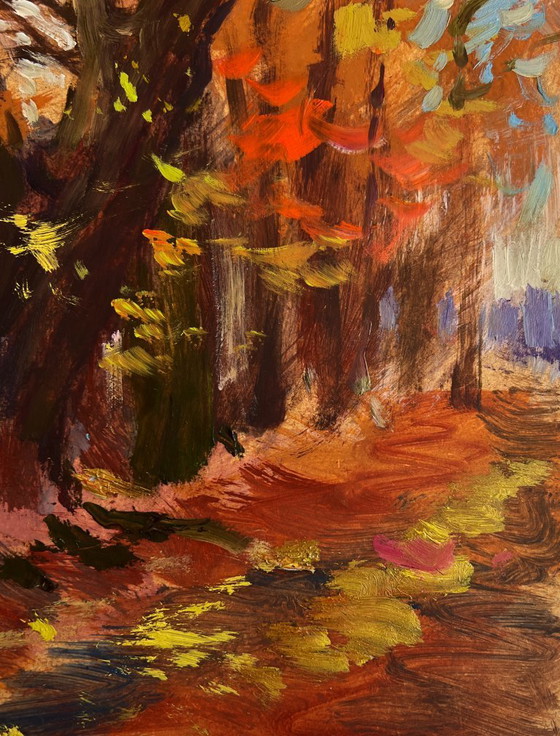 Image 1 of Original Oil Painting Autumn Village Landscape Street in golden leaves