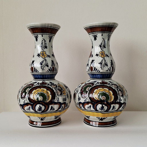 Pair of Polychrome Knob Vases Delftware - 100% Hand-painted - 27 cm