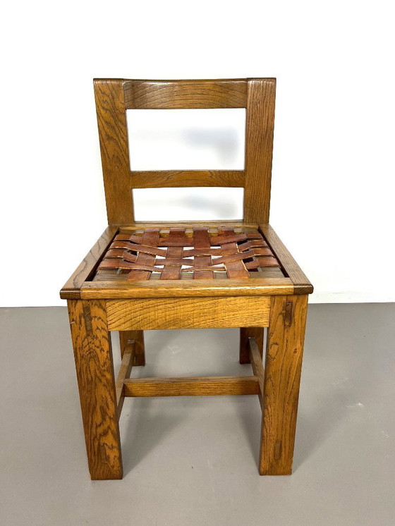 Image 1 of 6 Brutalist oak chairs with leather seat