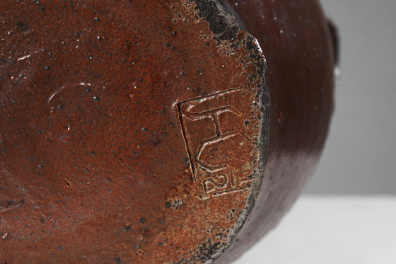 Image 1 of Maceta rústica grande de cerámica esmaltada marrón, firmada, Bélgica, siglo XIX