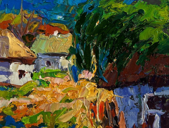 Image 1 of Original Oil Painting Summer Houses Landscape Morning street of the village