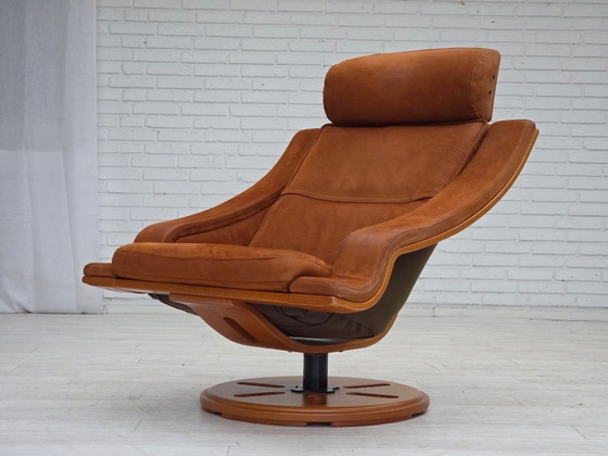 Image 1 of Anni '80, poltrona girevole svedese, pelle nabuk, tela, legno di faggio curvato.