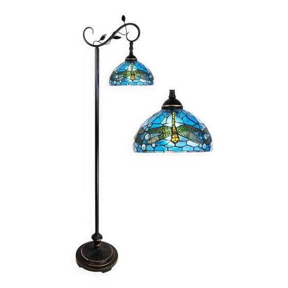 Lámpara de pie Tiffany redonda Libélula azul, Lámparas de pie, Cristal, Vidrio, Vintage (foto 2 de 6)