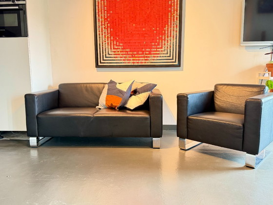 Brühl & Sippold Leren 2-Zitsbank + Fauteuil – Design – Zithoek, Leather, Metal (photo 3 of 9)