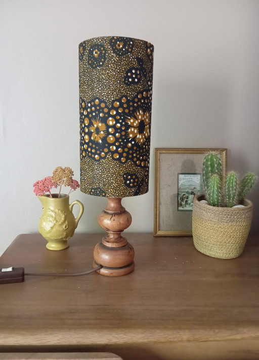 Wooden Table Lamp Turned Vintage Shade Wax Ethnic Hand-Crafted