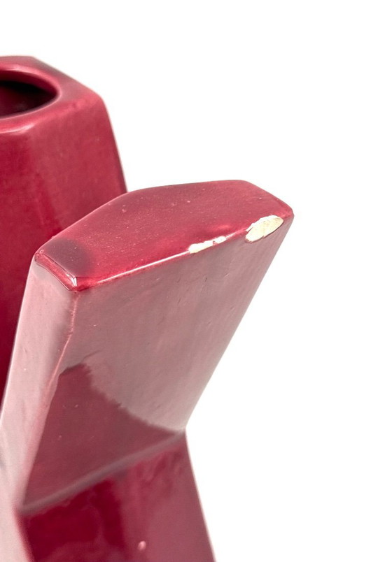 Image 1 of Jarrón de cerámica solifleur en forma de letra X roja de la era espacial, Marcel Radureau Francia ca. 1970