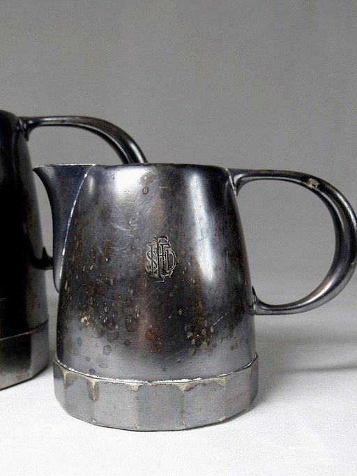 2 Pots Verseurs De Cuisine Anciens 1900-1910, Métal Blanc Patiné Bb