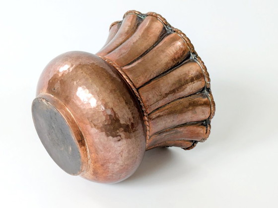 Image 1 of Midcentury Italian Planter | Hand-Hammered Copper with Scalloped Rim and Cord Detail