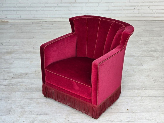 Años 60, Sillón Relax danés, Terciopelo de Mueble Rojo, Patas de Madera de Fresno. – Sillones, Velvet, Wood (photo 8 of 25)