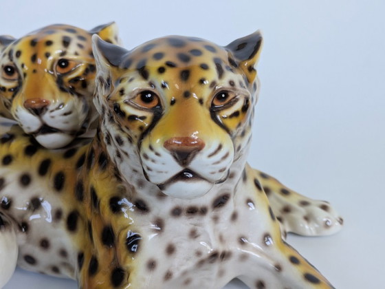 Image 1 of Large Italian Midcentury Porcelain Leopard Pair Sculpture Hollywood Regency Ronzan Style