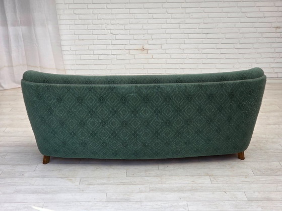 Image 1 of 1960s, Danish 3-seater curved sofa, light green furniture fabric, original condition.