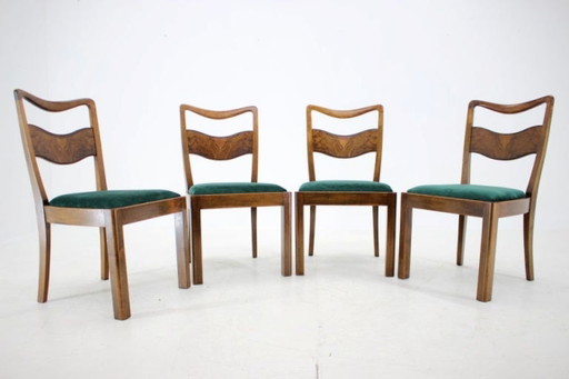 Set of Four Czechoslovakian Art Deco Refurbished Walnut and Velvet Dining Chairs, 1930s