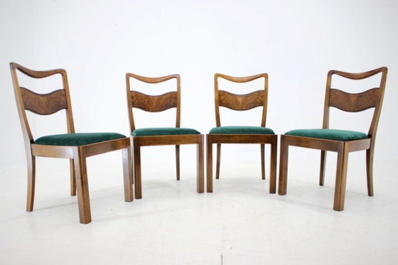 Image 1 of Set of Four Czechoslovakian Art Deco Refurbished Walnut and Velvet Dining Chairs, 1930s