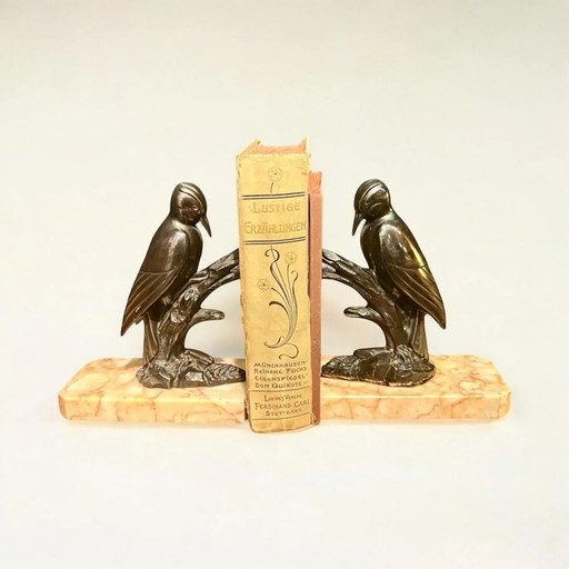 Vintage 1940s/1950s Art Deco Style Bookends, Two Patinated Pewter Woodpeckers on a Branch with Marble Base.