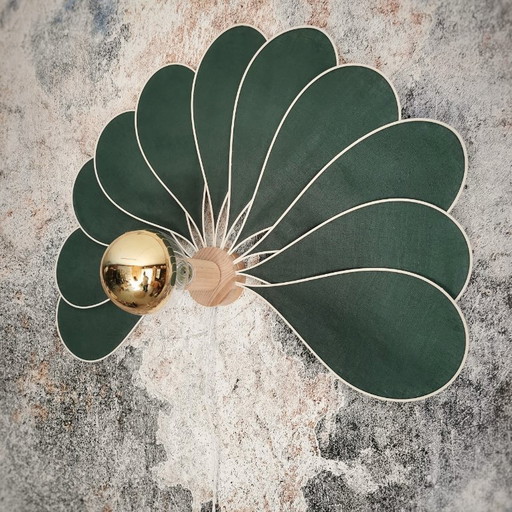 Wall Sconce, Peacock Model, 11 Petals in Rattan and Linen (Custom Color)
