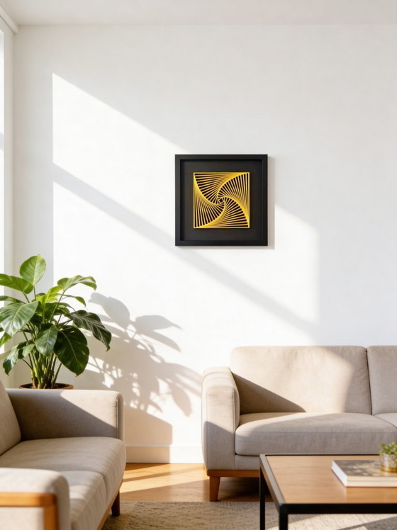 Image 1 of 3D-geprinte gele spiraalvormige wanddecoratie – geometrisch ingelijst kunstwerk, PLA-sculptuur